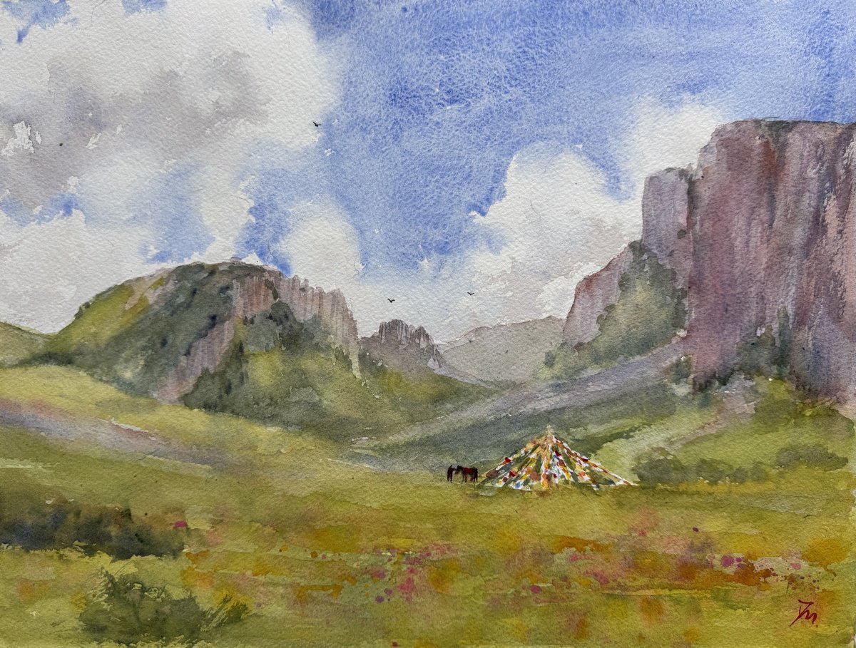 Impressionistic Landscape Watercolour By Shelly Du, 16 X 12", Valley With Prayer Flags, Original Artwork