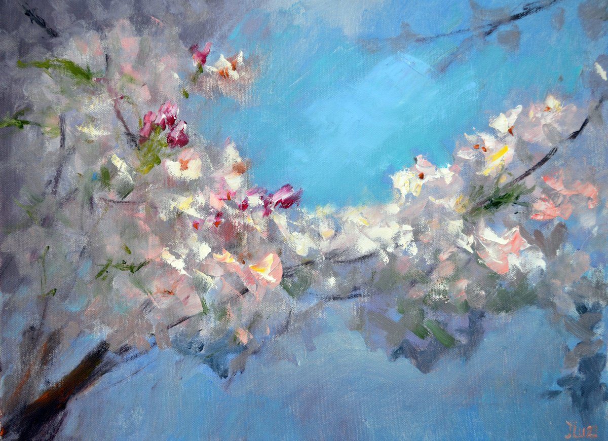 Impressionistic Botanical Oil Painting By Elena Lukina, 16 X 12, Flowering Branch, Original Artwork