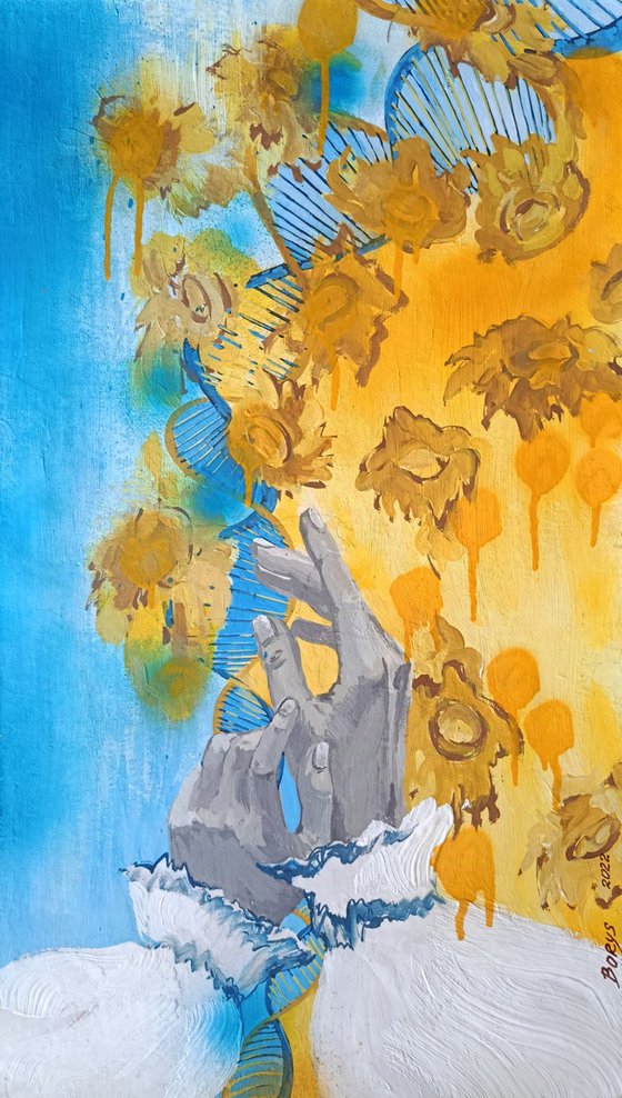 Hands in sunflowers