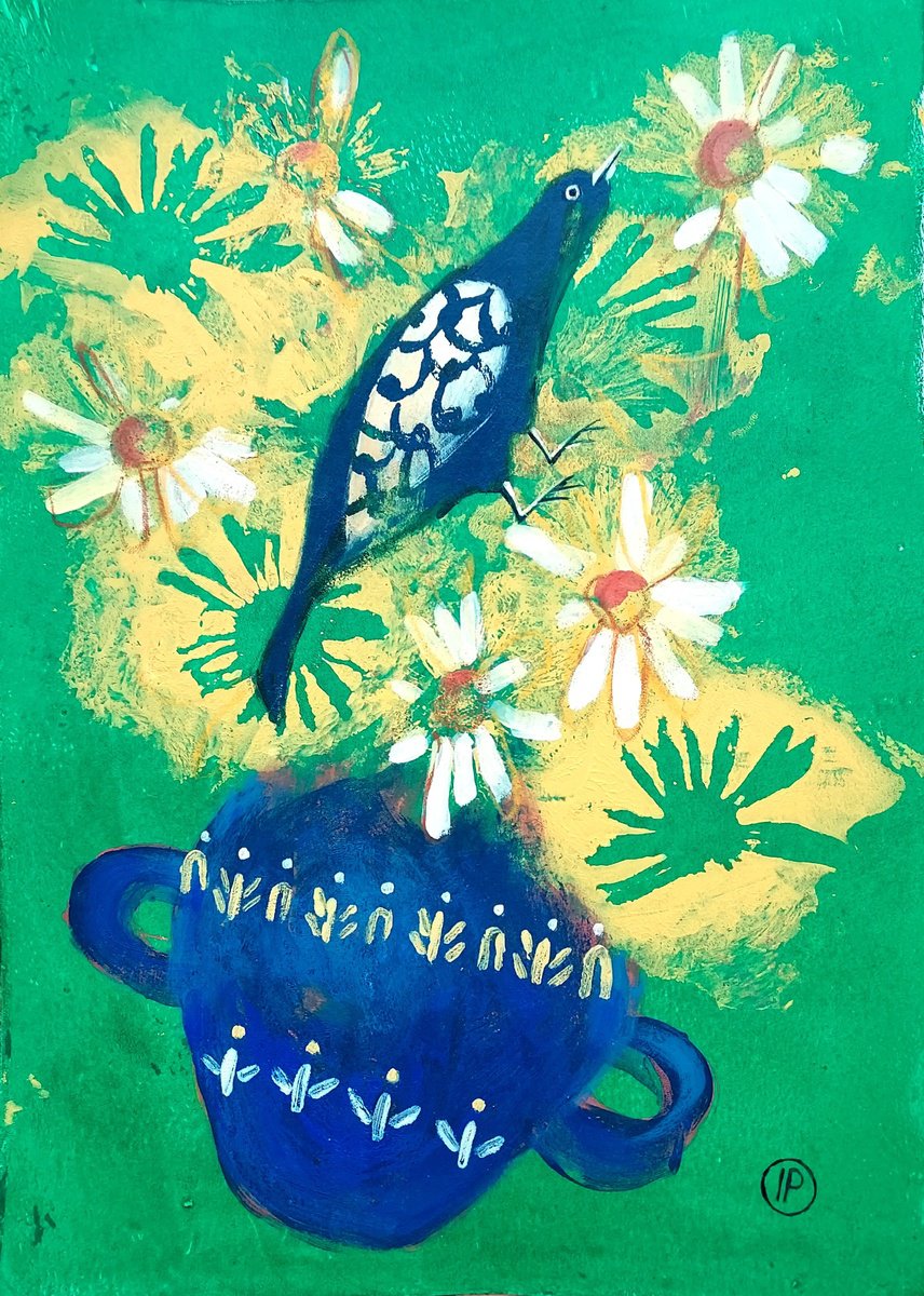 Impressionistic Animal Acrylic Painting By Irina Plaksina, 8 X 12, Daisies And Bird