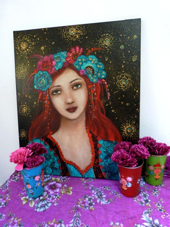 Sweet Norma, acrylic on canvas , bohemian redhair woman