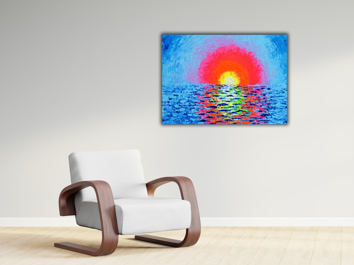 Impressionistic Landscape Acrylic Painting By Soos Tiberiu, 28 X 20", Colorful Sunrise - Seascape, Original Artwork