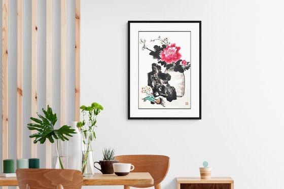 Peony in vase with stone and narcissus - Oriental Chinese Ink Painting