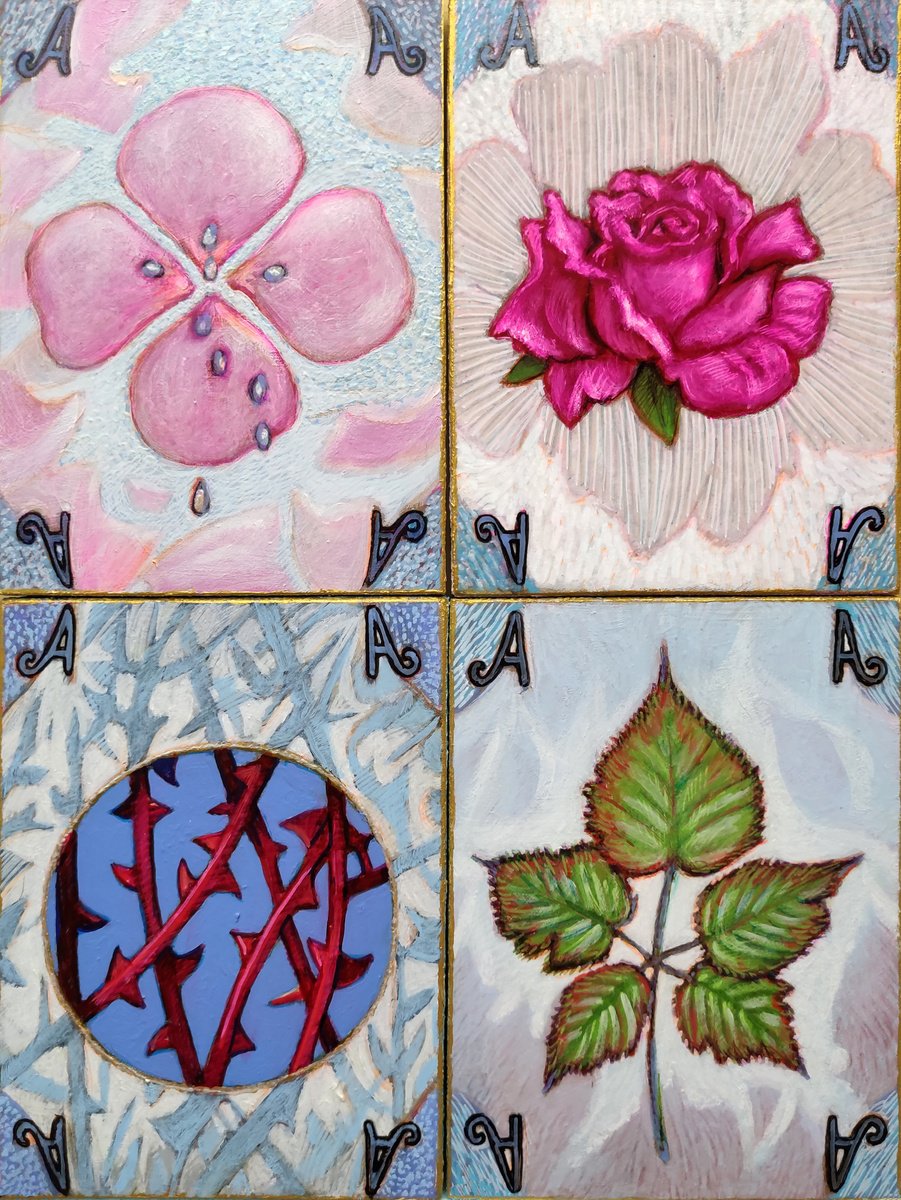 Illustrative Botanical Acrylic Painting By Carlo Salomoni, 11 X 14, Poker Of Aces !, Original Artwork