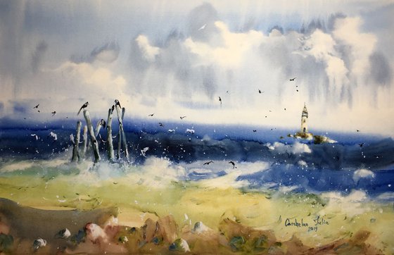 SOLD Watercolor "Seagulls meeting”