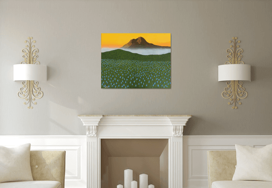 Mystic Morning -  mystic mountain mist and bluebonnet landscape; home, office decor; gift idea