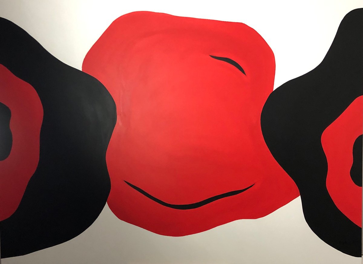 The Kiss red minimalism. Geometric pop art, black white acrylic on canvas by Nataliia Krykun