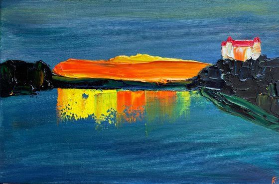 Bratislava Original Oil Painting on Canvas, Small Abstract Cityscape Artwork, Sunset City Wall Art