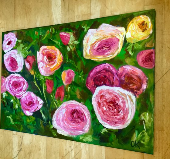 WHITE PINK YELLOW PURPLE  ROSES IN A GREENWICH GARDEN palette knife modern still life  flowers office home decor gift