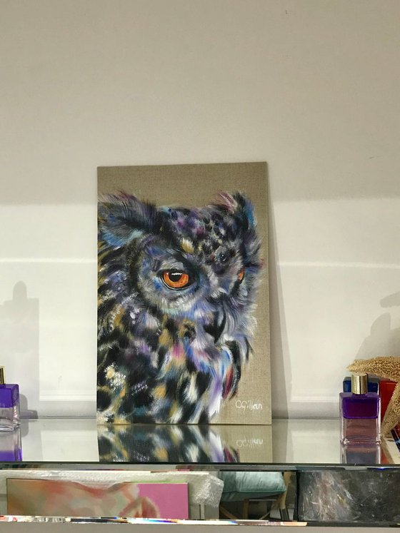 Athena, Owl,  Original Oil Painting on linen panel