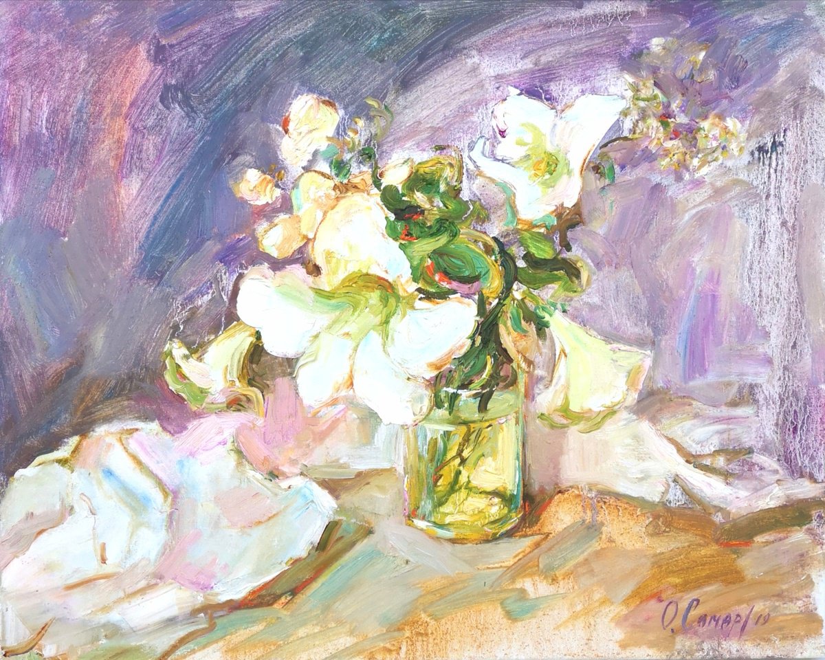 Expressive Botanical Oil Painting By Olga Samar, 20 X 16", White Flowers, Original Artwork