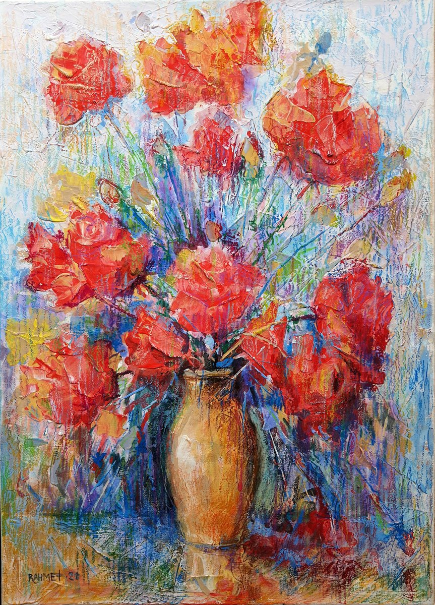 Impressionistic Botanical Acrylic Painting By Rakhmet Redzhepov, 20 X 28", Roses In A Jug, Original Artwork