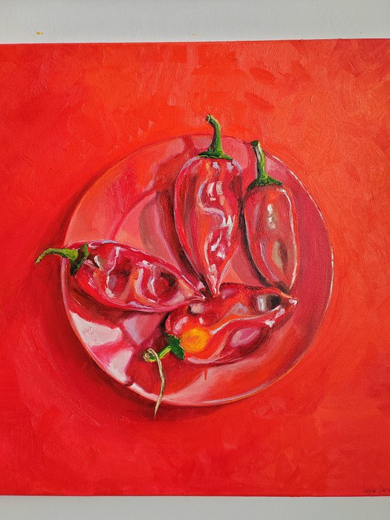 Fiery Red Still Life with Paprika on a Plate