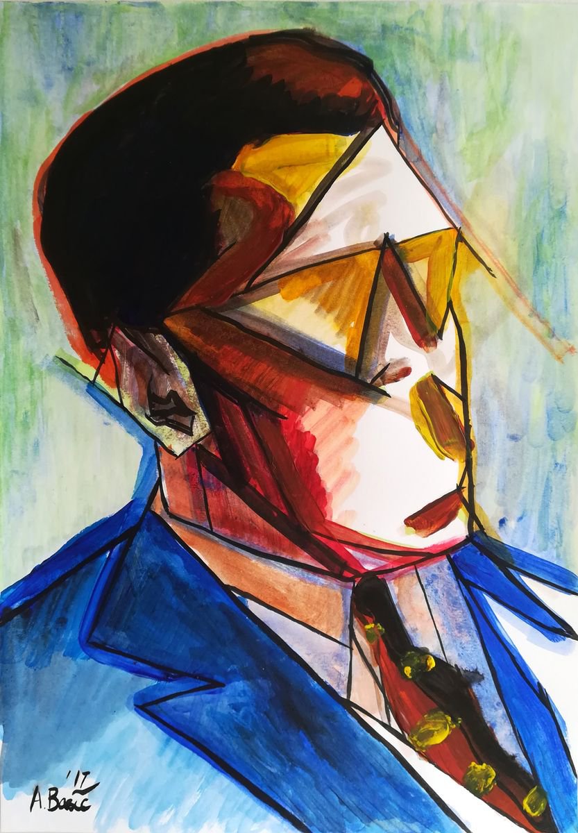 Geometric Portrait Painting By Aleksandar Basic, 12 X 17, Juan Gris, Original Artwork