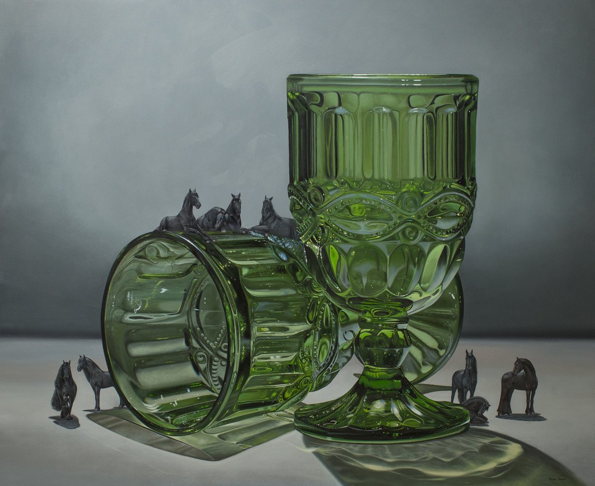 Surrealistic Still Life Oil Painting By Anastasia Parfilo, 43 X 35, Green, Original Artwork