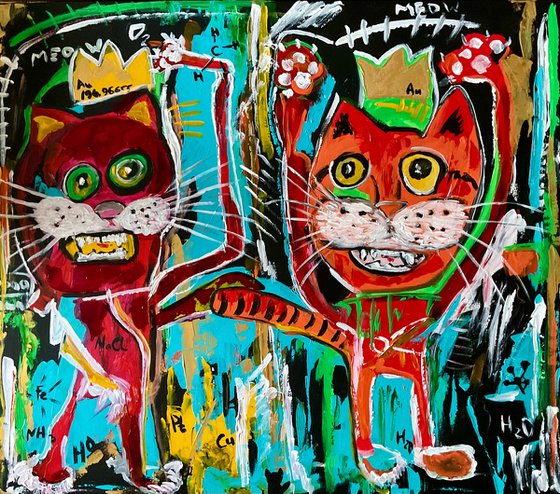 Cats kings alchemists friends in style of famous painting by Jean-Michel Basquiat.