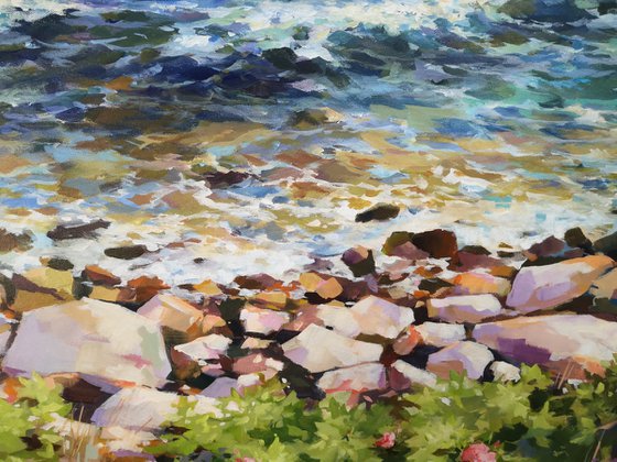 "Rose bushes by the shoreline", original one of a kind acrylic on canvas impressionistic painting (30x40")