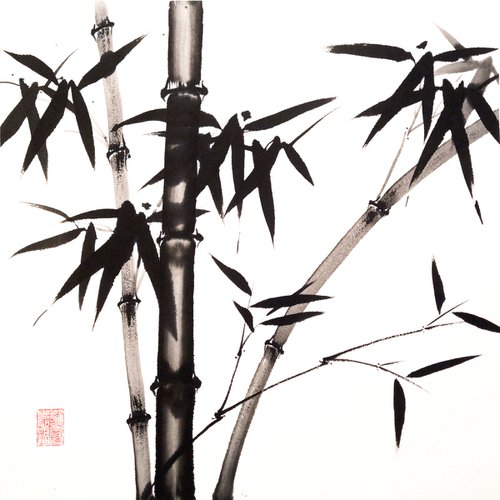Three trunks and a young sprig of bamboo - Bamboo series No. 2115 - Oriental Chinese Ink Painting by Ilana Shechter