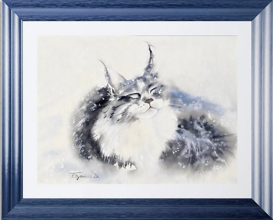 Snow cat, original watercolour