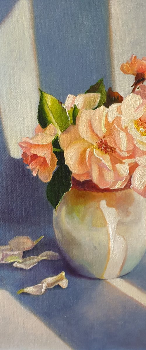 "Garden roses in the rays of the evening sun."  rose flower  liGHt original painting  GIFT (2021) by Anna Bessonova (Kotelnik)