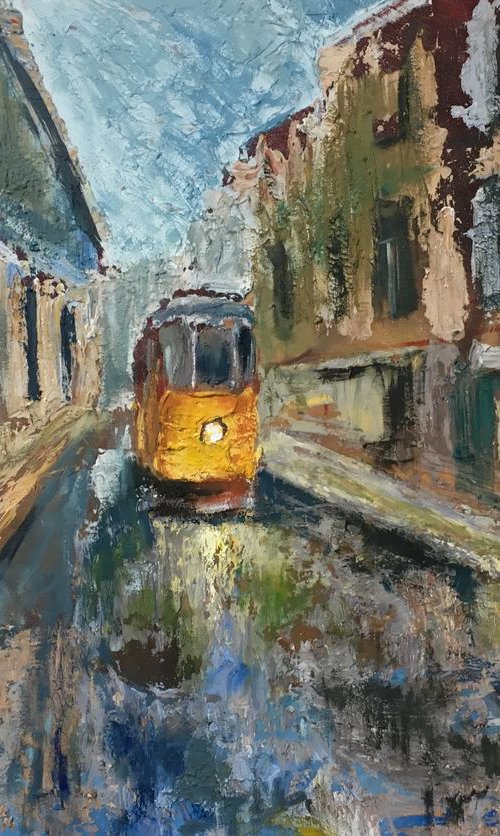 Cityscape painting 30%Sale! Yellow Tram Landscape artwork Contemporary Art by Leo Khomich