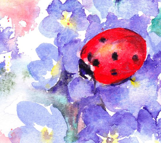 Ladybird painting, ladybug, Forget-me-not flower, Floral art, original watercolour, watercolor