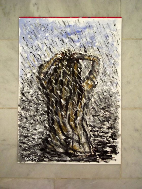 RAINY LAKE GIRL , THE BATH - Thick oil painting - 29.5x42 cm