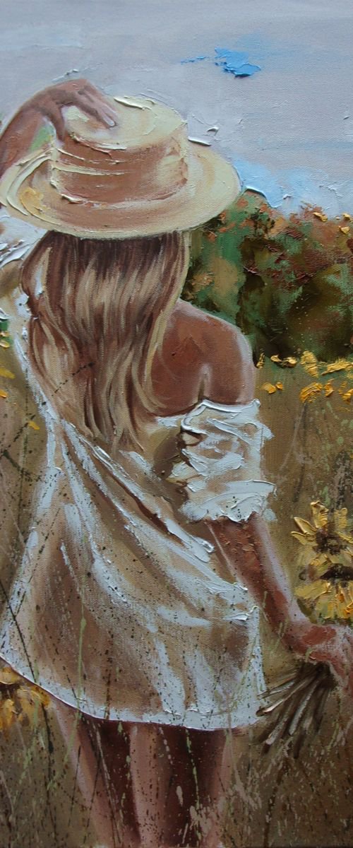 " END OF SUMMER "- SKY meadow SUNFLOWER liGHt  ORIGINAL OIL PAINTING, GIFT, PALETTE KNIFE by Monika Luniak