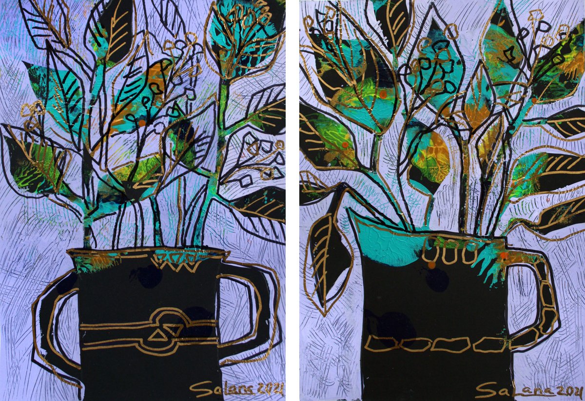 Bouquets / Stylized / Diptych / ORIGINAL PAINTING by Salana Art Gallery
