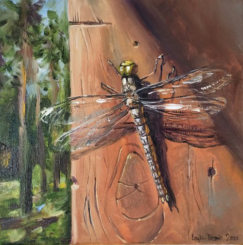Dragonfly oil painting langscape mini wall decor 10x10'' by Leyla Demir