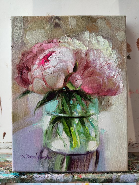 Peony pink floral wall art painting original, Framed peony painting