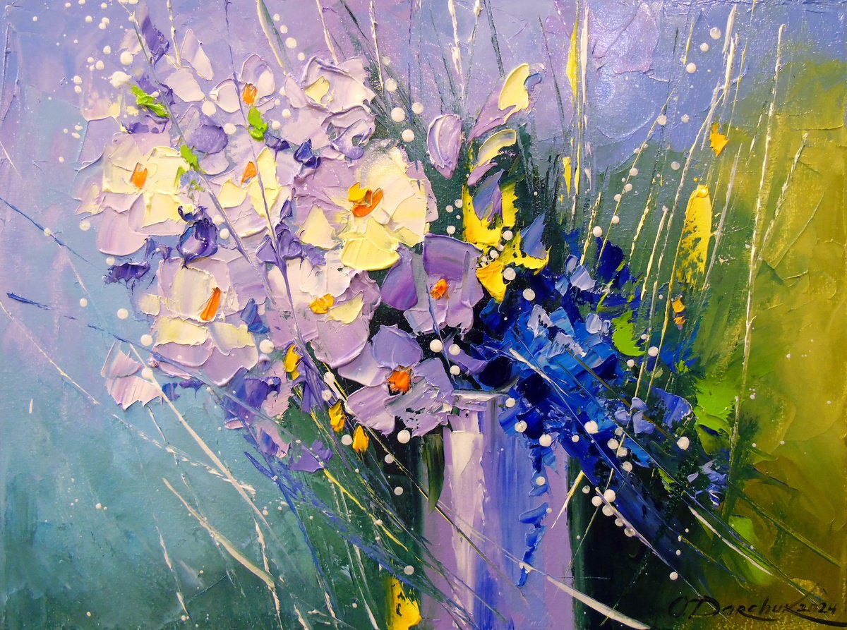 Impressionistic Botanical Oil Painting By Olha Darchuk, 16 X 12", A Bouquet Of Morning Flowers In A Glass, Original Artwork