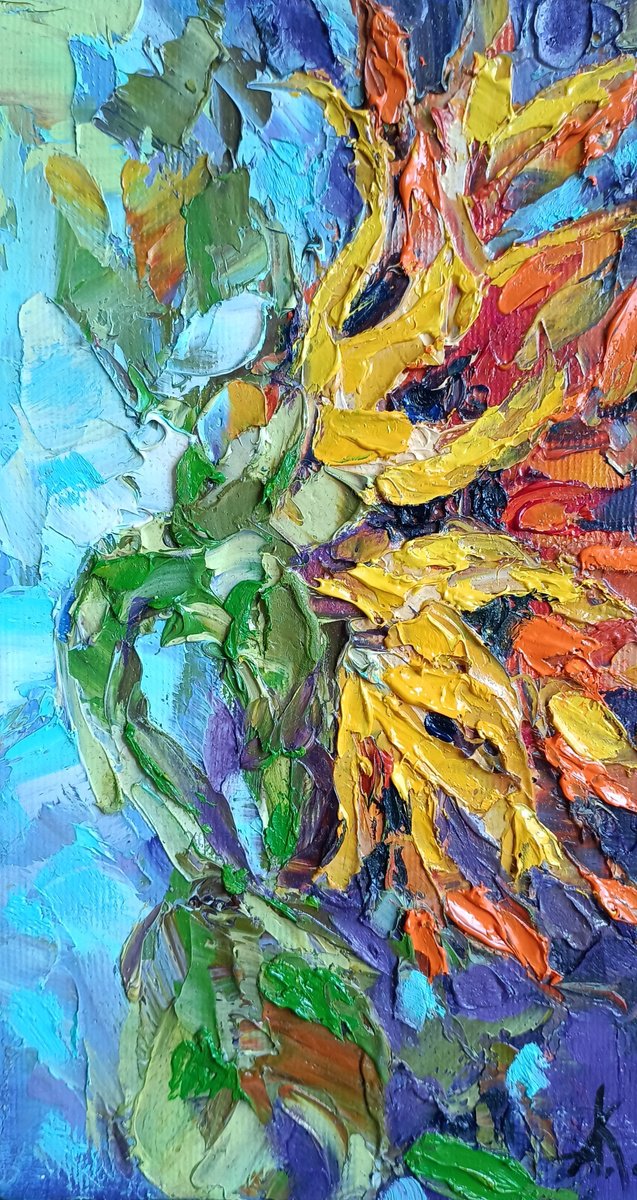 Impressionistic Botanical Oil Painting By Anastasia Kozorez, 5 X 8, Solar Awakening - Sunflowers, Original Artwork