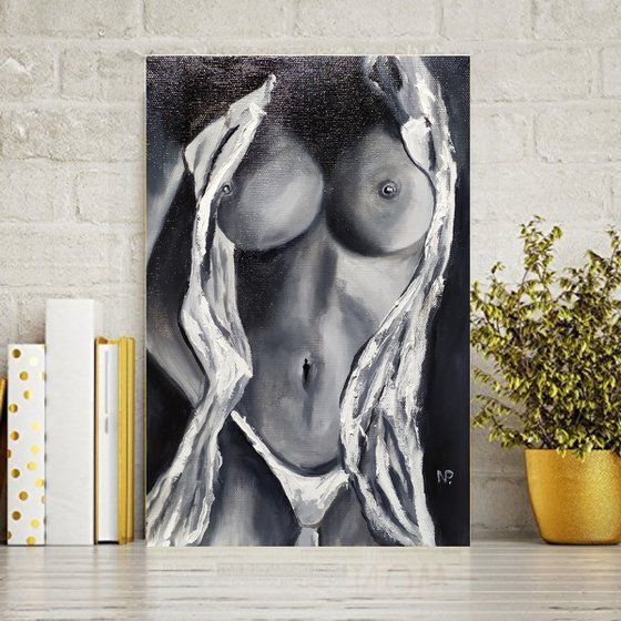Hot girl, original erotic nude black and white oil painting, gift idea