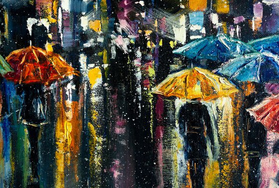 "Street of the night city" people with umbrella , original oil painting