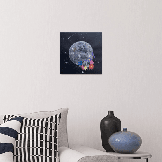 Moon Metallic Watercolor Painting, Stars and Flowers Gouache Original Artwork, Whimsigoth Wall Art