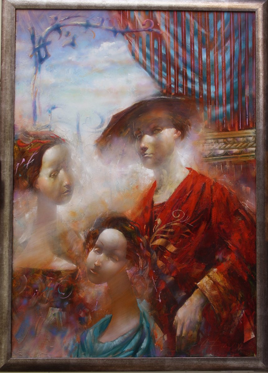 Impressionistic Portrait Oil Painting By Alexandr Dobrodiy, 31 X 43, Red Morning. Walk., Original Artwork