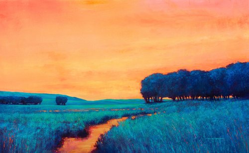 Orange Sunset 221104, sunset landscape with field & trees by Don Bishop
