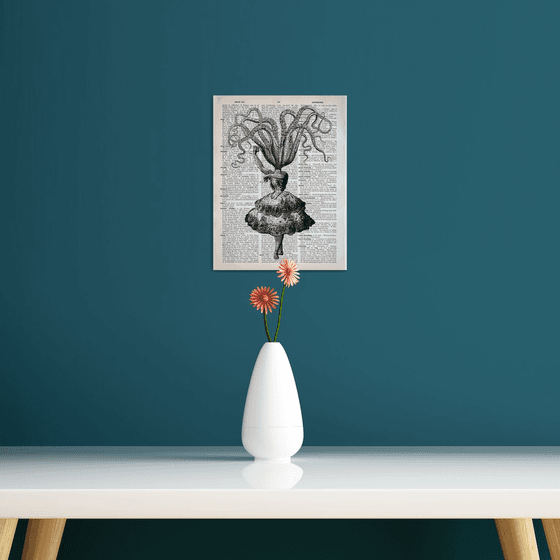 Octopus Flamenco Dancer - Collage Art Print on Large Real English Dictionary Vintage Book Page