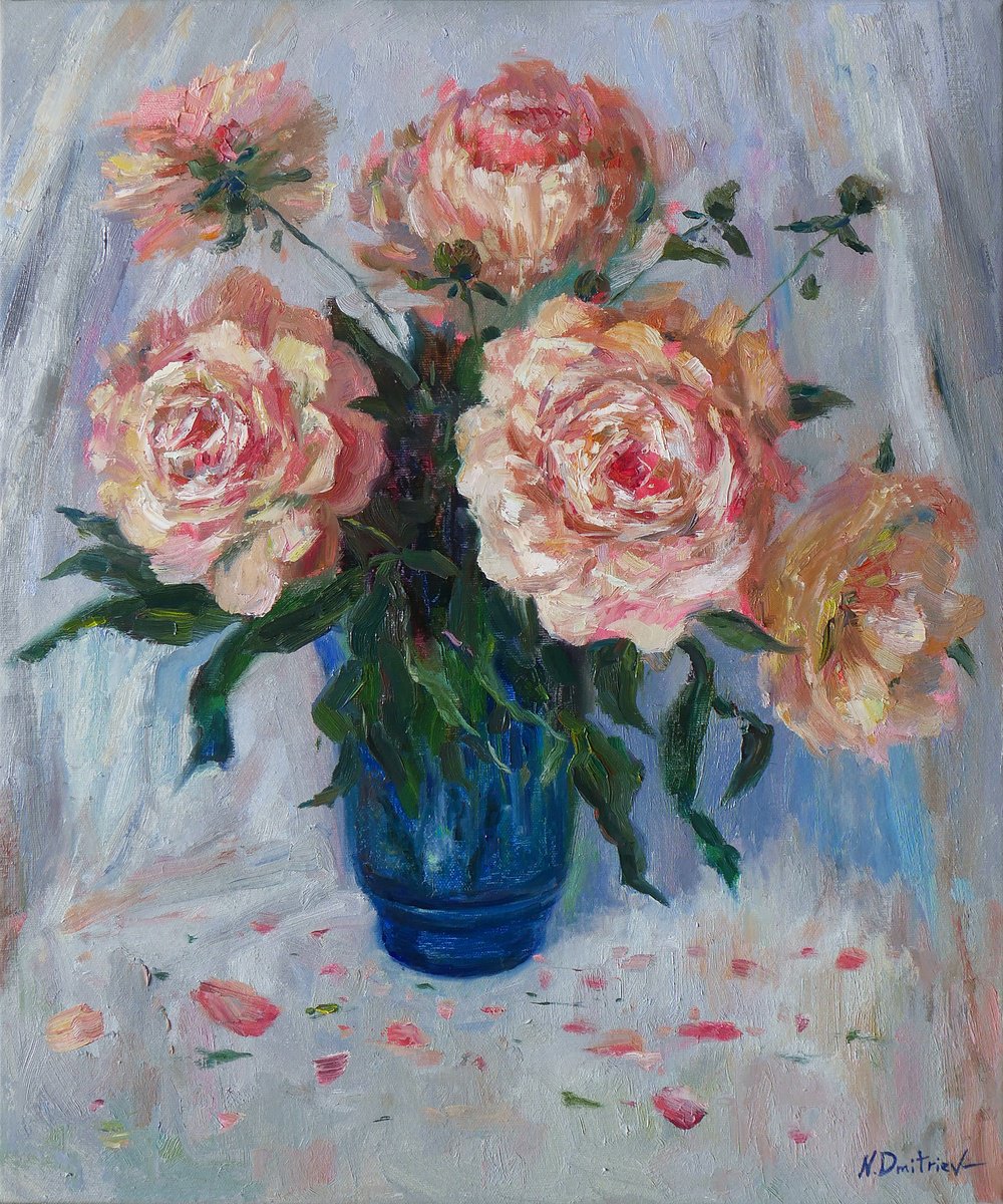 Peonies in The Blue Vase by Nikolay Dmitriev