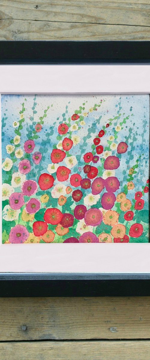 Hollyhocks - mounted watercolour, small gift idea by Lisa Mann