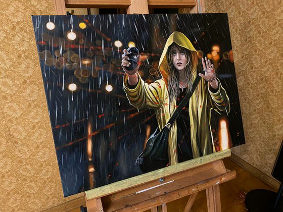 Girl in yellow raincoat holding grenade - commission work,