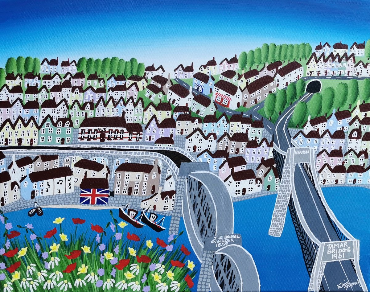 Naive Acrylic Painting , Summer Over The Tamar Bridges By Elisa Trueman, 20 X 16, Artwork For Sale On Artfinder