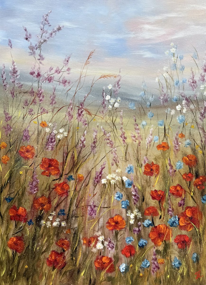 Impressionistic Botanical Oil Painting By Tanja Frost, 21 X 29", Meadow Awakening, Original Artwork