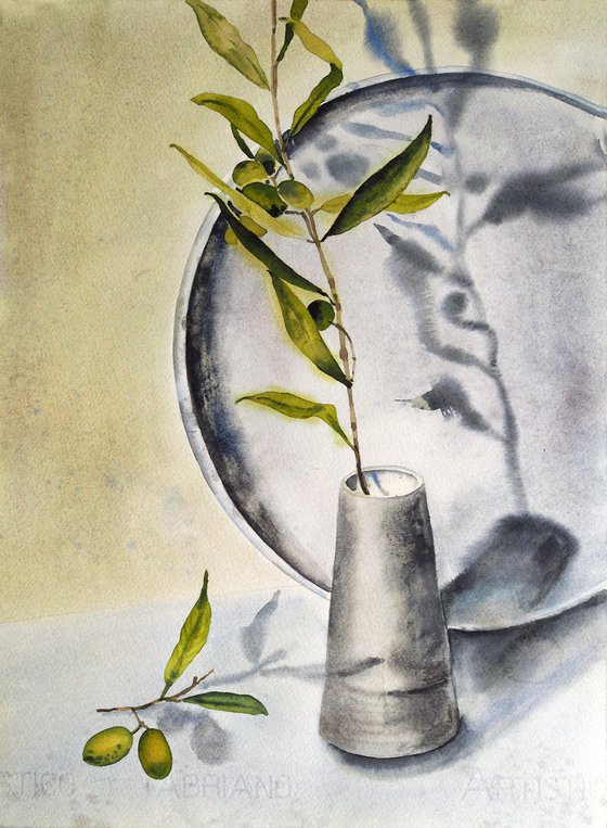 The olives branch - original watercolor gray and green - light and sunny
