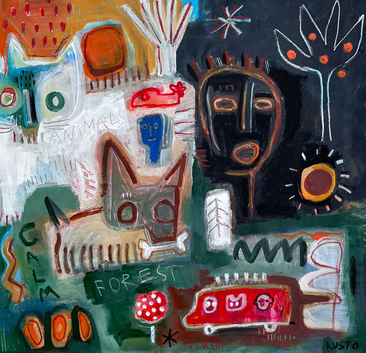 Impressionistic Animal Acrylic Painting By Daria Kusto, 38 X 39, Calm Forest, Original Artwork