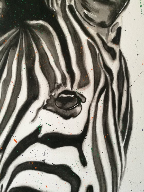 Watercolour Zebra Painting. On Paper. 42cm x 59.4cm. Free Worldwide Shipping