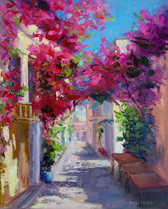 Sunny Day Greece Summer Landscape Painting Architecture Sunny Street