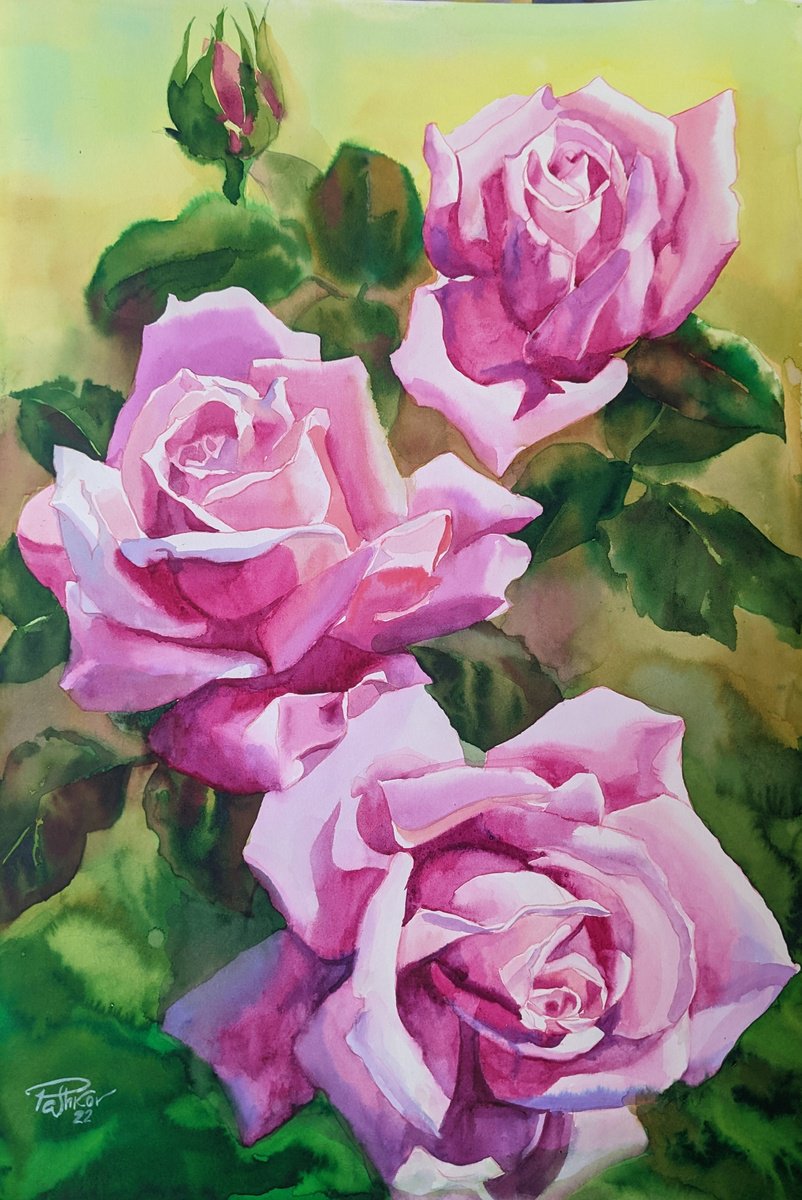 Impressionistic Botanical Watercolour By Yurii Pashkov, 15 X 22", Roses#5, Original Artwork