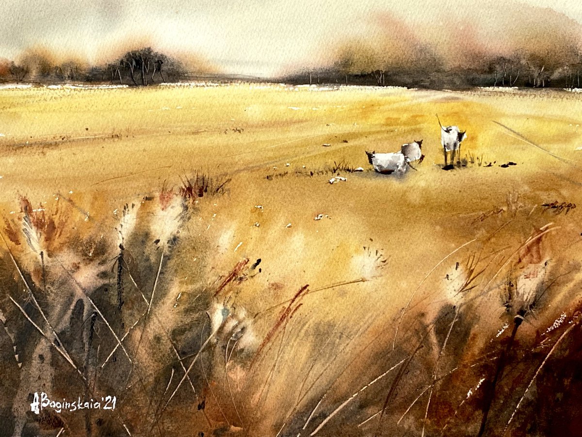 Sheeps in the field - original watercolor by Anna Boginskaia